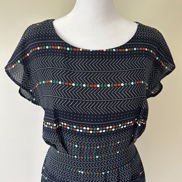 Vintage Navy Blue Polka Dot & Chevron Pattern Dress With Cap Sleeves & Tie Back - Picture 3 of 10